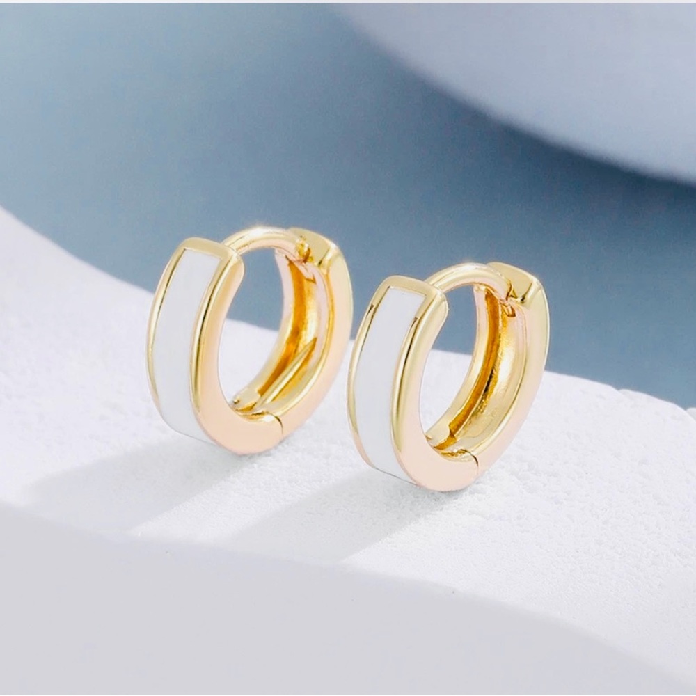 Minimalist Gold and White Hoop Earrings - Picture 2 of 4